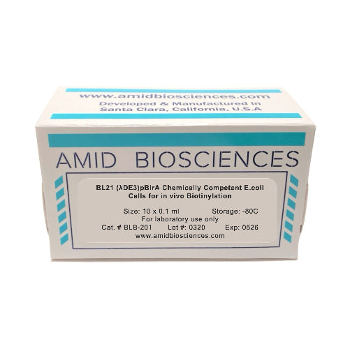 Box of BL21(λDE3)pBirA Chemically Competent E. coli Cells for in vivo protein biotinylation from Amid Biosciences.